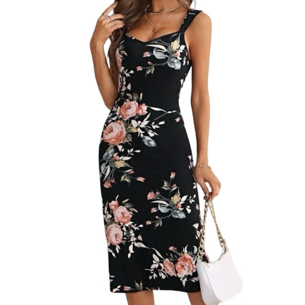 Black Summer Dress with Dusty Pink Floral Print